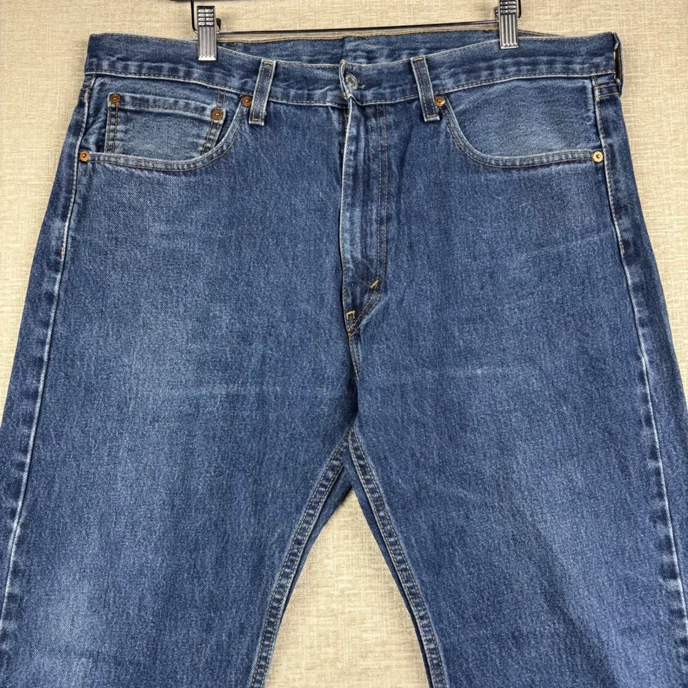 Levis 505 Mens 38x30 Jeans Dark Western Washed Denim slight Fades Distress Hems